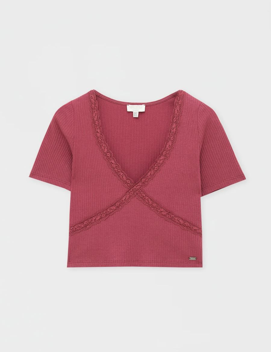 Picture of Ribbed V-neck T-Shirt with lace trim