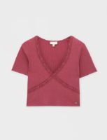 Ribbed V-neck T-Shirt with lace trim